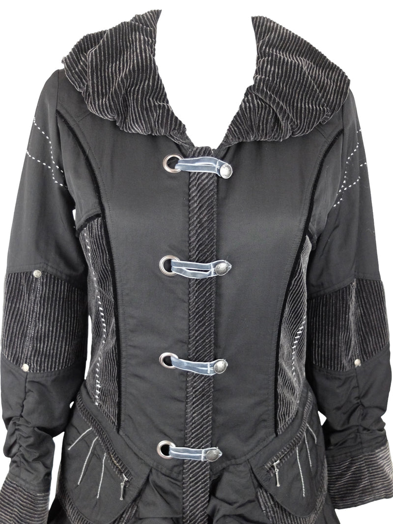 Vintage 2000s Y2K Subversive Gothic Soft Grunge Black Ruffled Fitted Midi Length Peacoat Coat Jacket