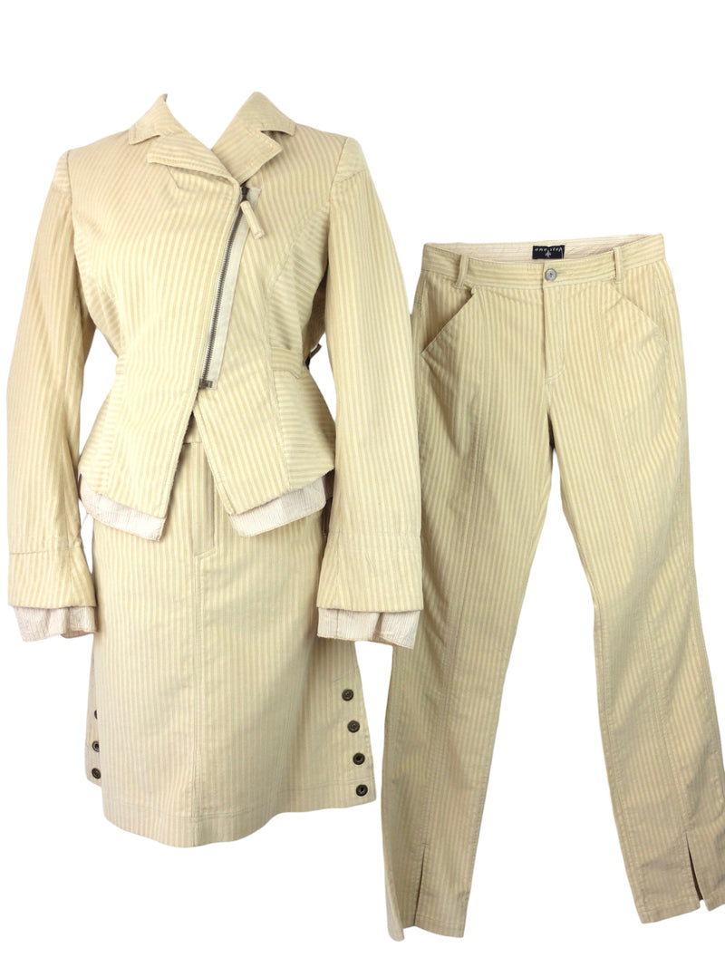 Vintage 2000s Y2K Chic Subversive Mod Cream Velour Pinstripe Three Piece Suit Set with Blazer Jacket Trousers & Skirt | Size S