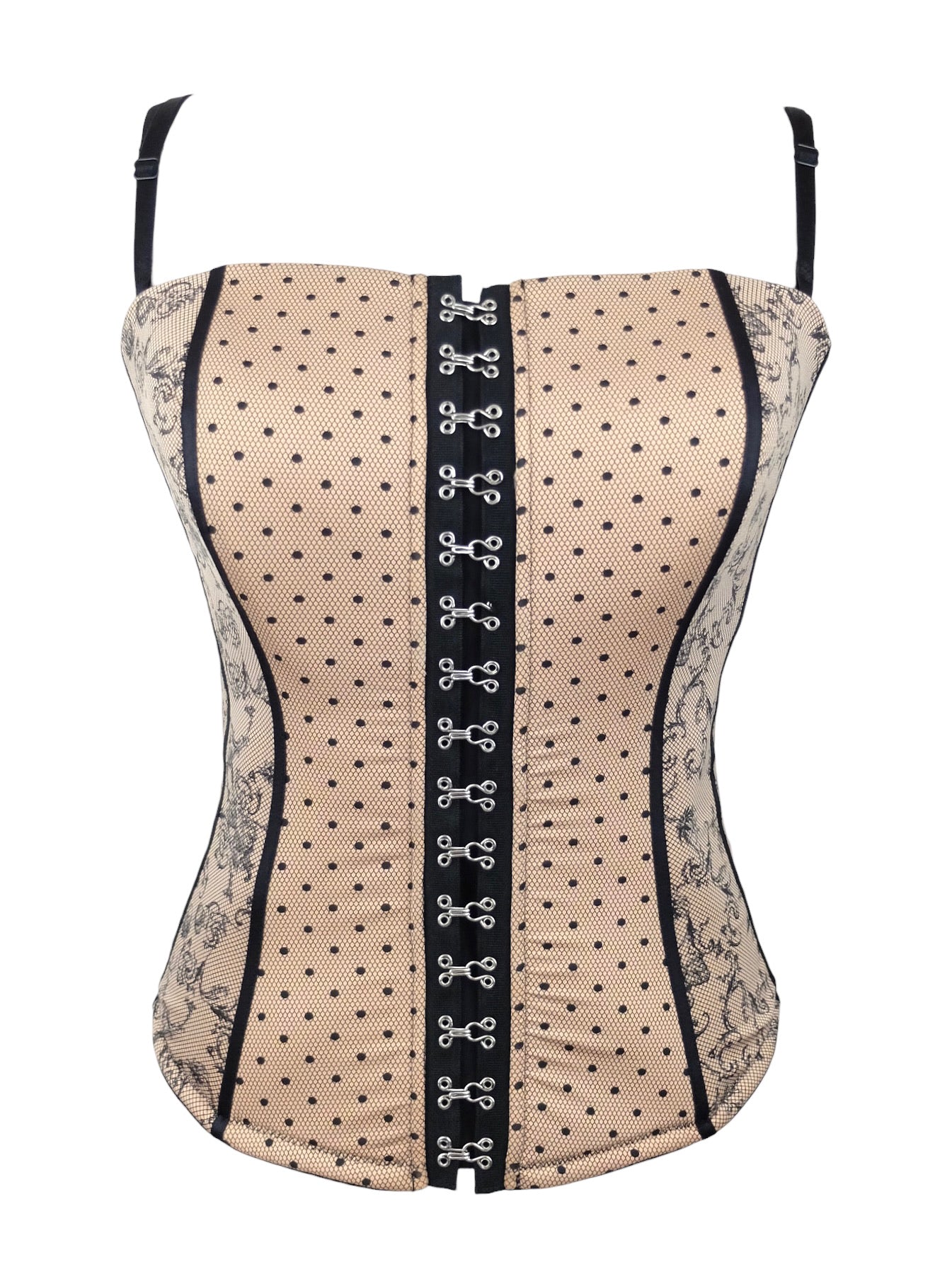 Vintage 2000s Y2K Subversive Pinup Style Beige & Black Polka Dot & Lace Print Clasp Closure Corset Bustier Sleeveless Cami Tank Top