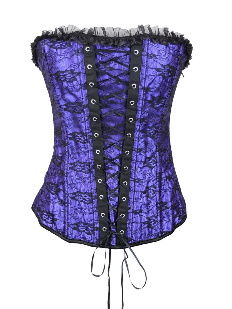 Vintage 2000s Y2K Gothic Purple & Black Ruffled Lace Sleeveless Corset Bustier Top with Ribbon Lace Up Front & Back