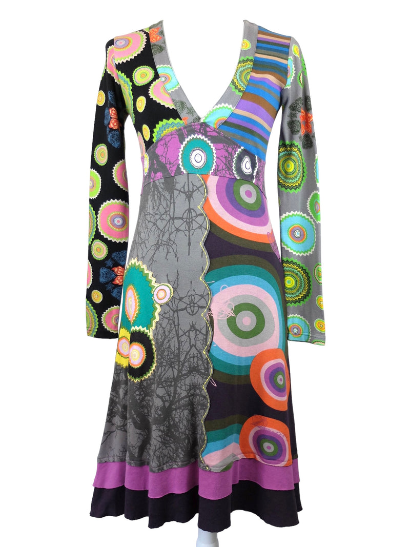 Vintage 2000s Y2K Desigual Abstract Patterned Long Sleeve V-Neck Fit & Flare Full Circle Midi Dress | Size S