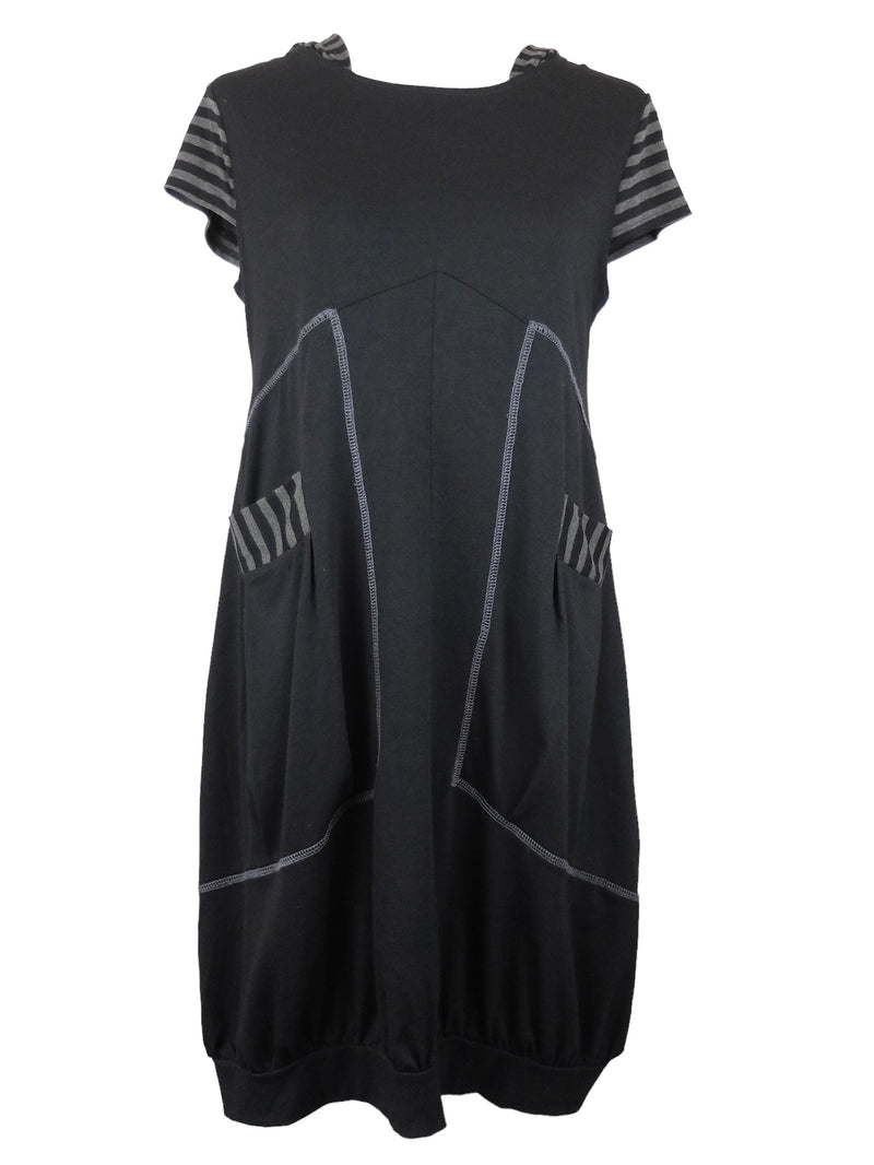 Vintage 2000s Y2K Subversive Gothic Grunge Black & Grey Short Sleeve Hooded Midi Dress
