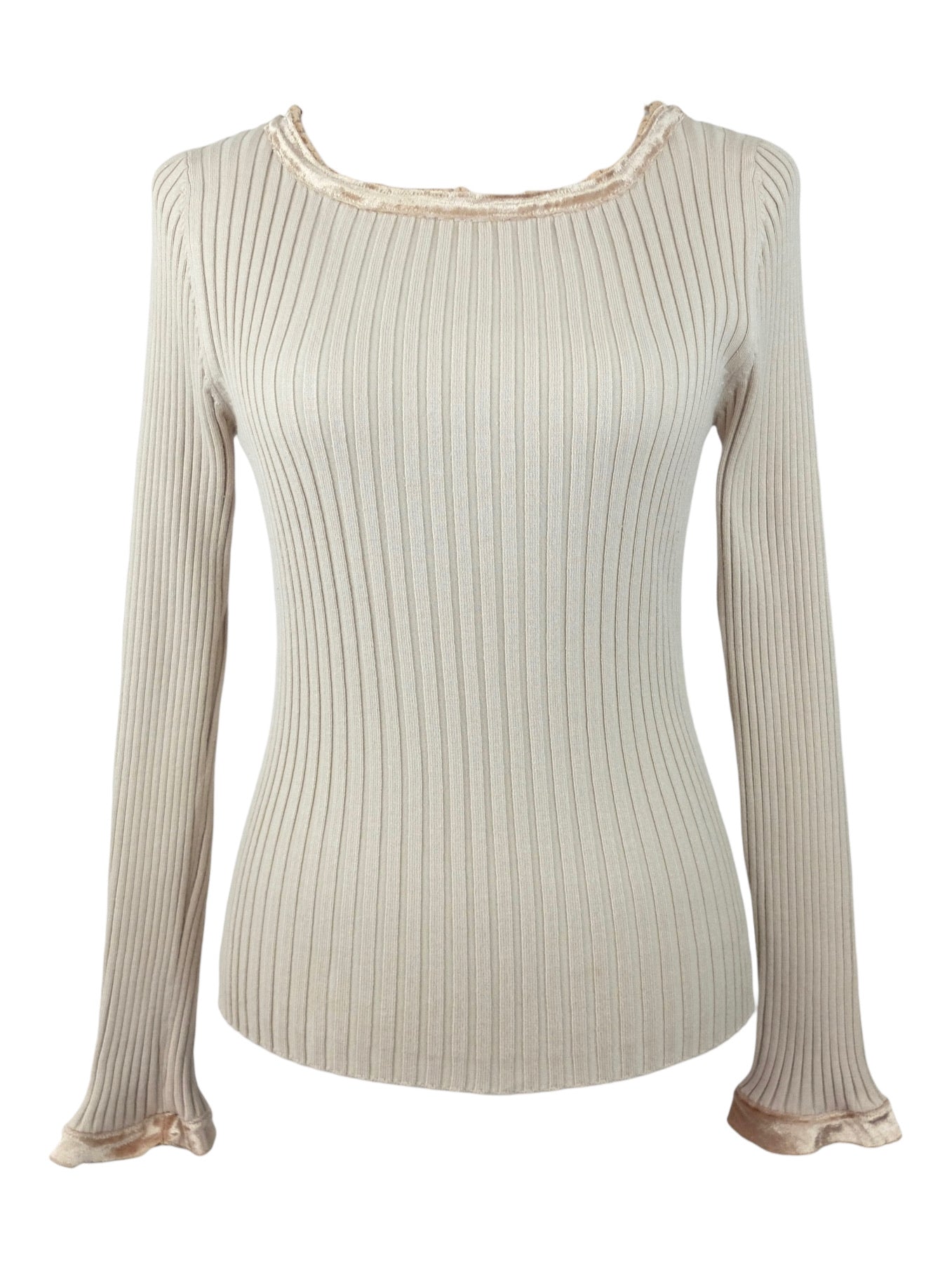 Vintage 90s 2000s Y2K Minimalist Beige Cream Ribbed Long Sleeve Pullover Blouse with Velvet Trim | Size M