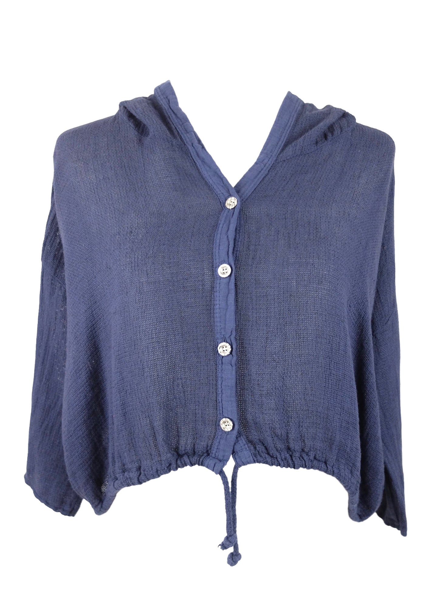 Vintage 2000s Y2K Linen Blend Bohemian Hippie Festival Style Navy Blue Button Down Hooded 3/4 Sleeve Blouse with Drawstring Detail