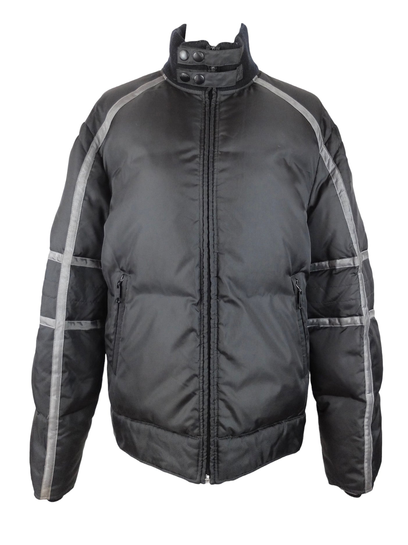 Vintage 2000s Y2K Subversive Moto Aviator Style Down Feather Black & Grey Padded Zip Up Jacket with Snap Collar Detail | Size L
