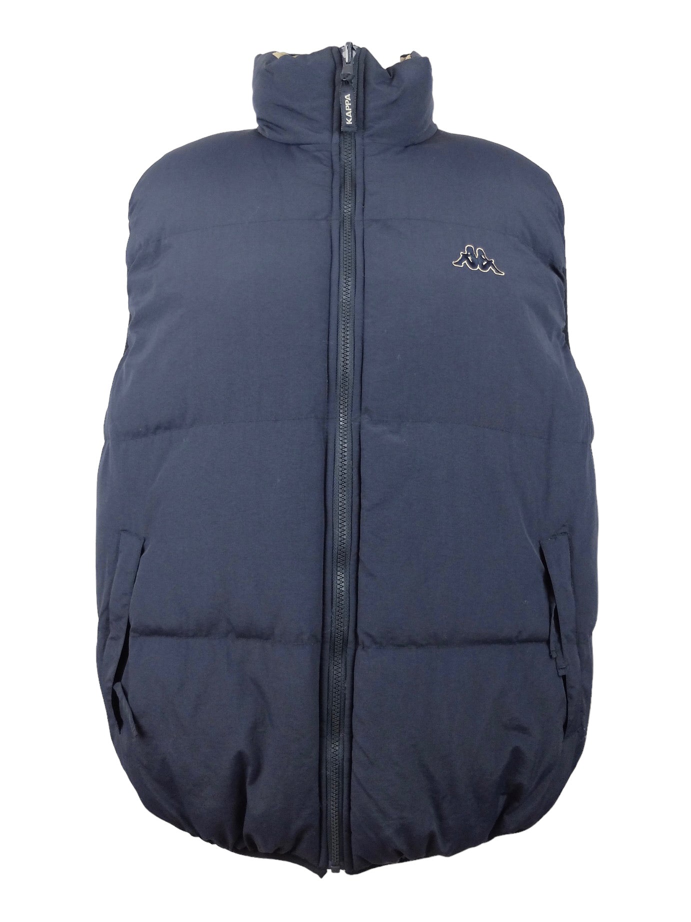Vintage 2000s Y2K Kappa Utilitarian Athletic Streetwear Reversible Navy Blue & Beige Brown Zip Up High Roll Neck Padded Sleeveless Utility Waistcoat Vest | Men’s Size  L-XL