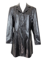 Vintage 2000s Y2K Gothic Grunge Black Faux Snakeskin Patent Collared Button Down Midi Length Trench Peacoat Jacket | Size M-L
