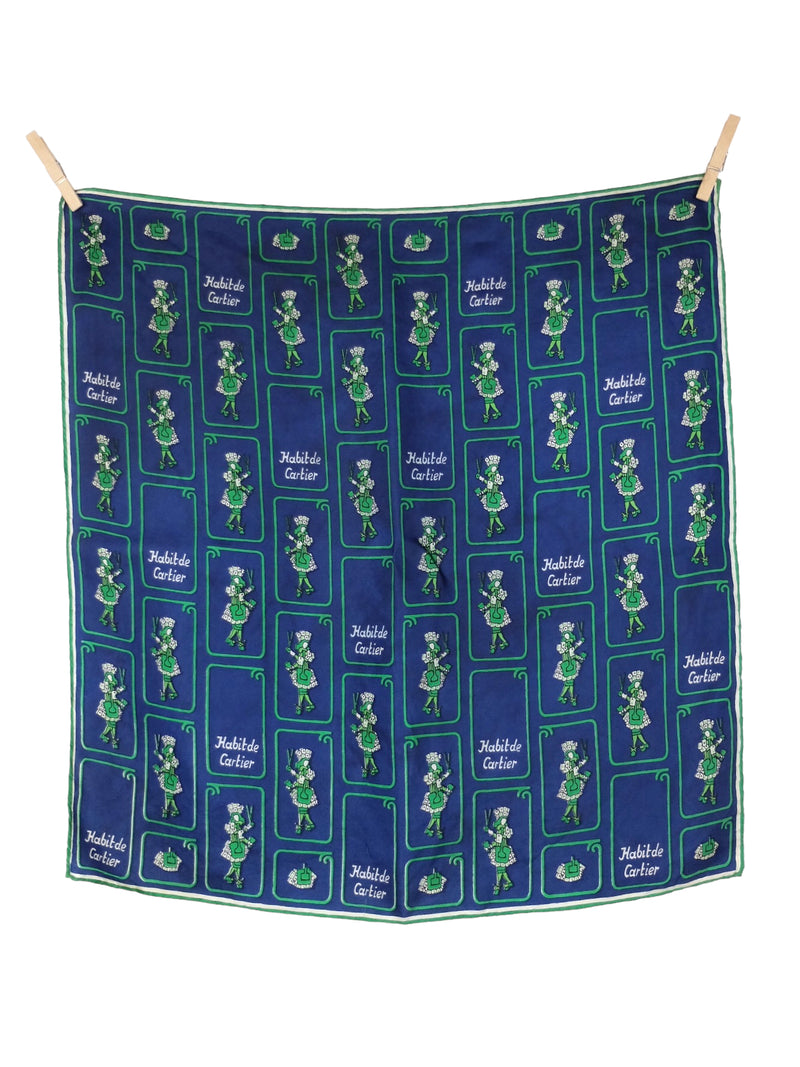 Vintage Habit de Cartier by Nicolas de Larmessin, from the series Les Costumes Grotesques et les Metiers, Blue & Green Graphic Print Small Square Bandana Neck Tie Scarf