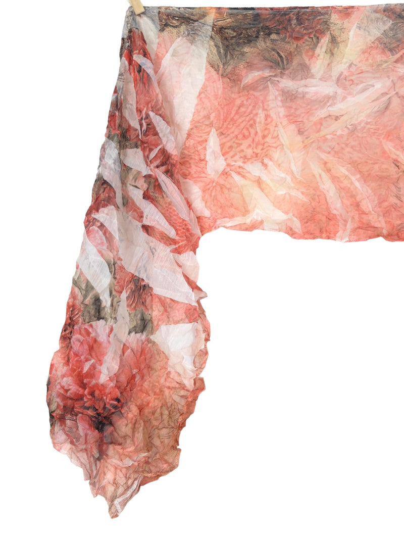 Vintage 2000s Y2K Peach Coral Pink Abstract Floral Print Wrinkled Long Wide Wrap Neck Tie Scarf