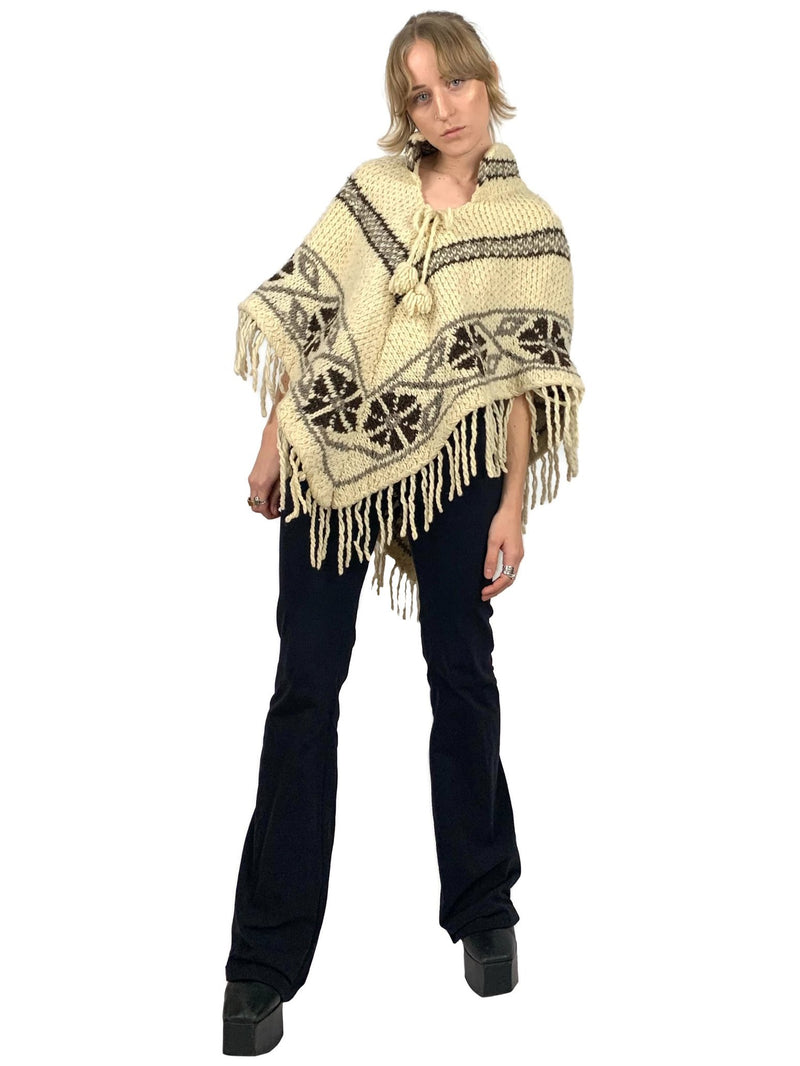 Vintage 70s Hippie Nordic Patterned Floral Chevron Striped V-Neck Collared Fringed Wool Poncho with Tassel Tie