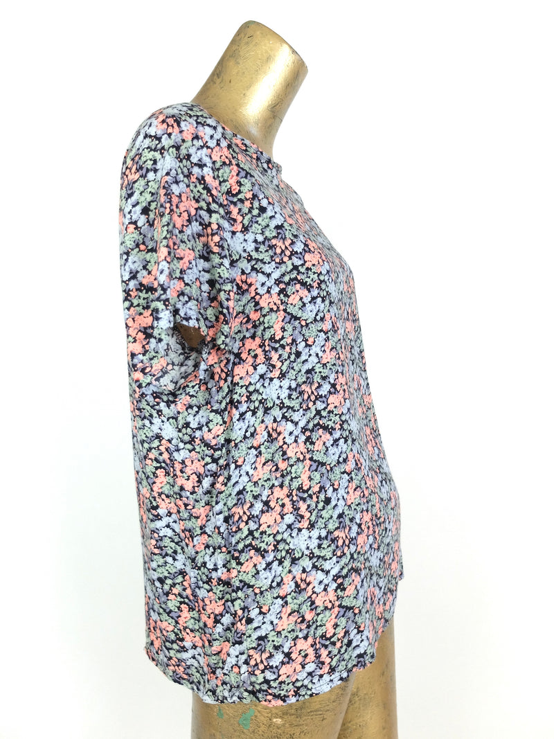 80s Bohemian Romantic Floral Short Sleeve Pullover Blouse