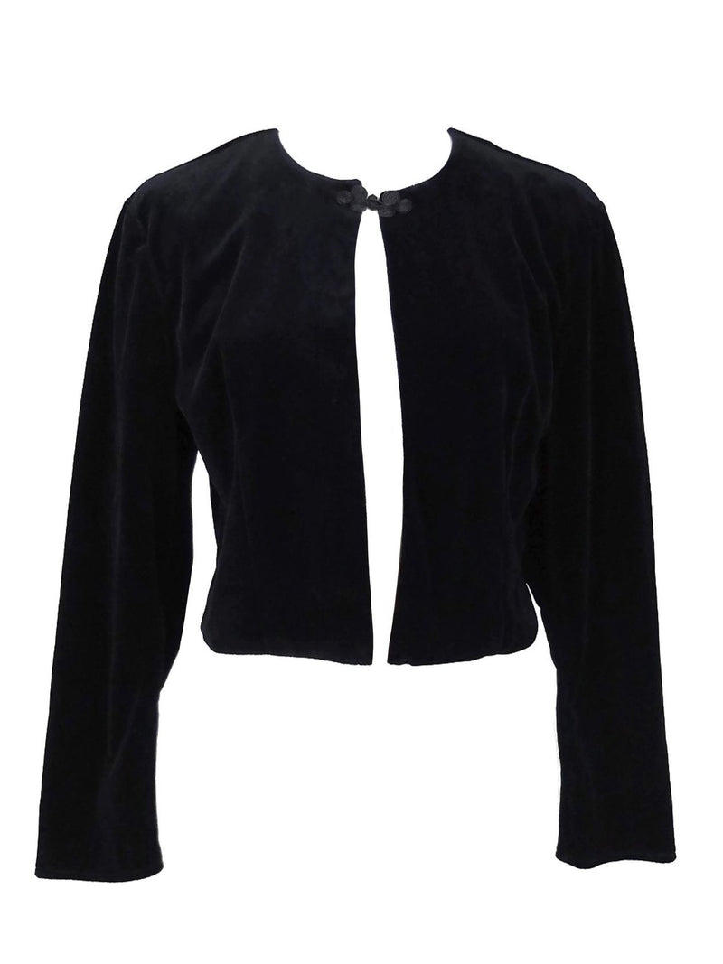 Vintage 70s Victorian Mod Style Basic Black Velvet Thin Open Cardigan Jacket