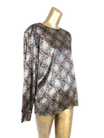 80s Silky Floral Abstract Long Sleeve Pullover Disco Blouse