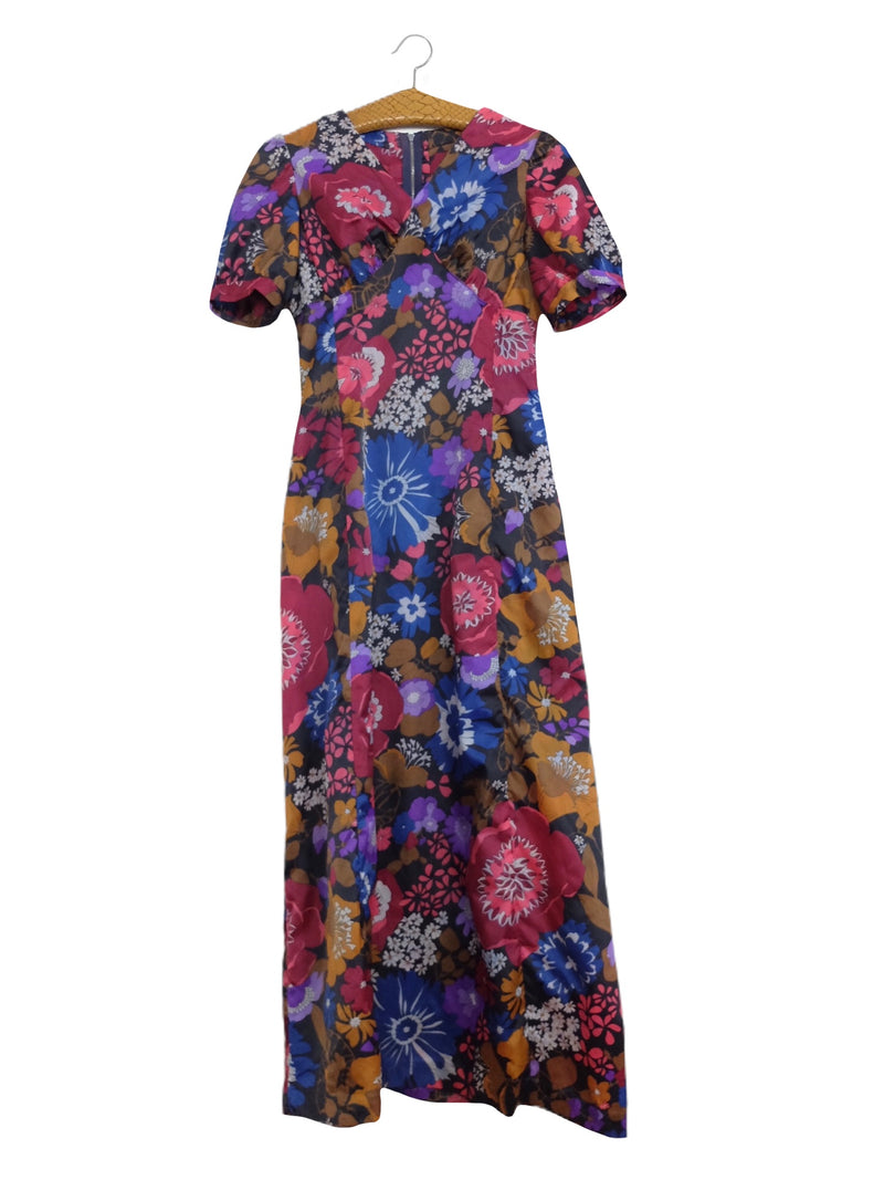 Vintage 70s Mod Psychedelic Hippie Bohemian Pink Floral Short Puff Sleeve Floor Length Maxi Dress | Size XS