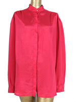 70s Silky Hot Pink Polka Dot Mockneck Long Sleeve Button Up Blouse