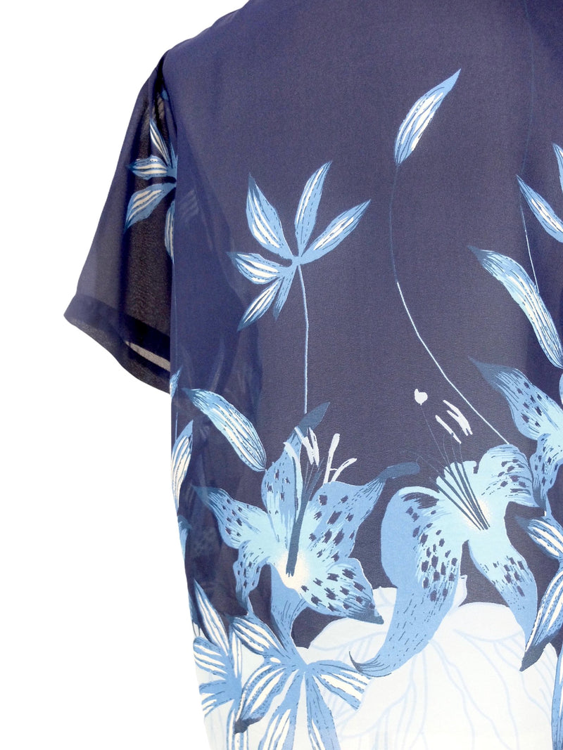 Vintage 80s Hawaiian Boho Blue Floral Sheer Chiffon Collared Short Sleeve Button Up Shirt