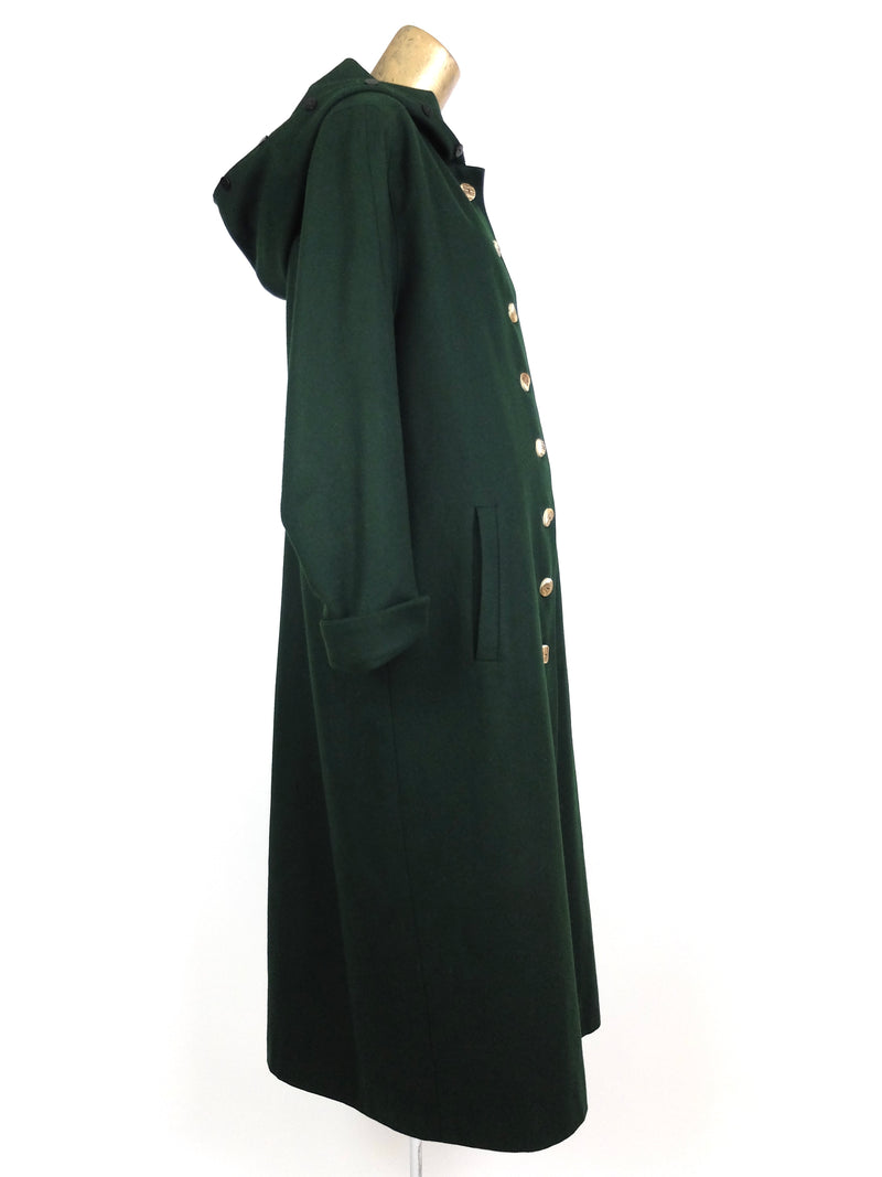 60s Pixie Forest Green German Tracht Traditional Folk Hooded Long Winter Trench Coat