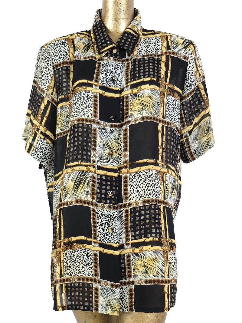 80s Abstract Safari Style Animal Print Short Sleeve Collared Button Up Chiffon Shirt with Padded Shoulders