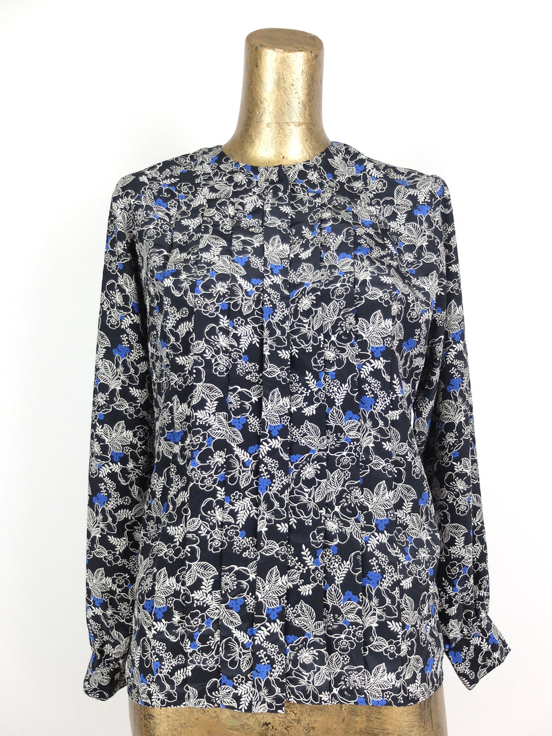 60s Mod Floral Print Front Pleated Long Sleeve Pullover Blouse