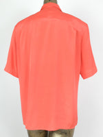 80s Basic Coral Silky Pleated Pointed Collar Short Sleeve Button Up Blouse with Padded Shoulders