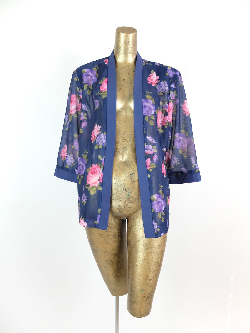 80s Bohemian Floral 3/4 Sleeve Lightweight Kimono Style Open Blouse with Padded Shoulders