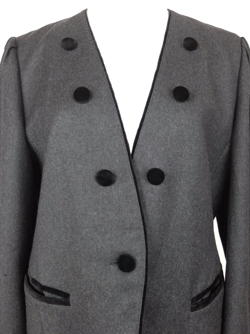 Vintage 80s Avant-Garde Grey Button Down Blazer Jacket with Black Velvet Buttons
