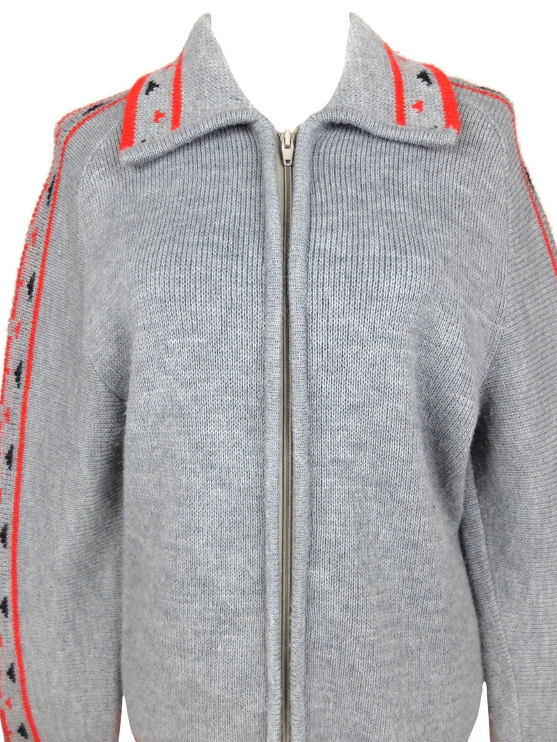 Vintage 70s Mens Knit Athletic Style Grey and Red Striped Collared Zip Up Sweater Jumper