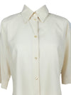 Vintage 80s Basic Beige Cream Collared 3/4 Sleeve Button Up Blouse with Padded Shoulders