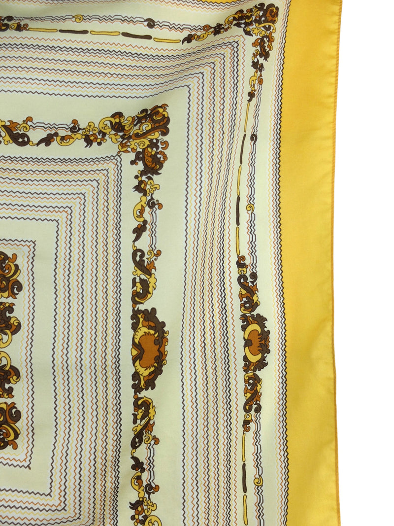 Vintage 70s Mod Hippie Yellow & Brown Abstract Baroque Patterned Square Bandana Neck Tie Scarf