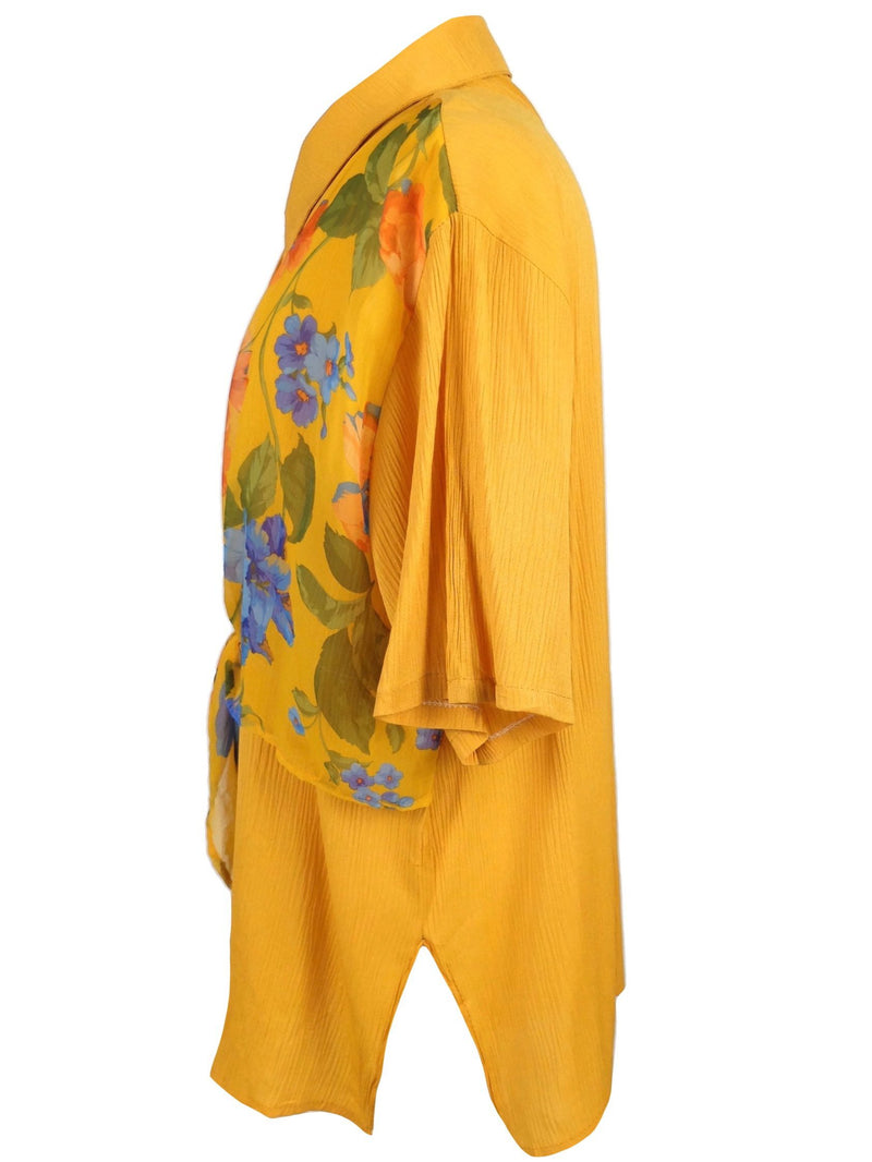 Vintage 80s Mustard Yellow Half Sleeve Collared Button Up Shirt with Attached Sheer Floral Tie Vest