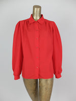 70s Mod Style Red Puff Sleeve Collared Button Up Disco Shirt Blouse