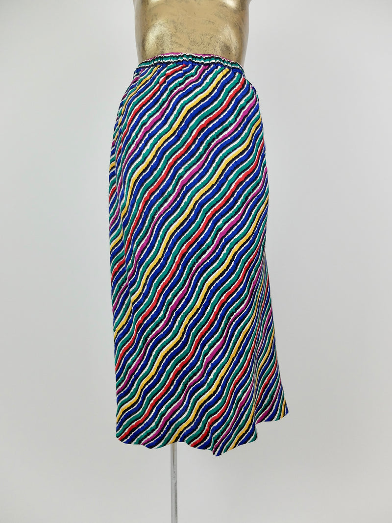 80s Rainbow Abstract Striped High Waisted Silk Midi Circle Skirt