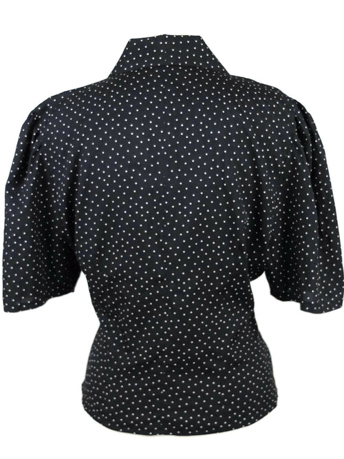 Vintage 80s Black and White Rockabilly Pinup Style Collared Puff Sleeve Button Down Blouse