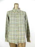 70s Western Rodeo Green Check Print Long Sleeve Collared Button Up Flannel Shirt