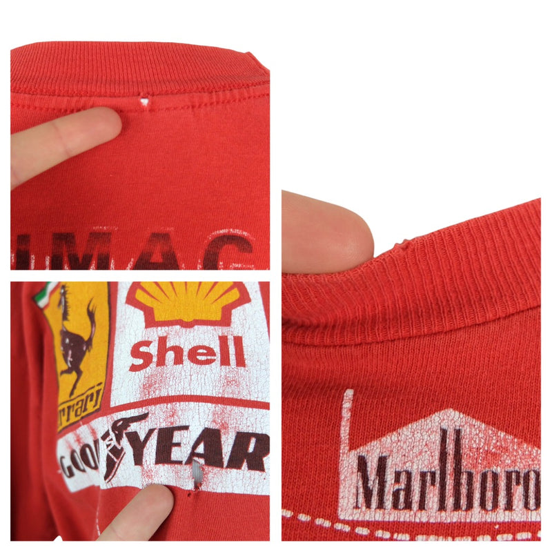 Vintage 90s Y2K Single Stitch Schumacher Shell Ferrari & Marlboro Sponsored Racing Crew Neck Red Short Sleeve Cotton T-Shirt | Size M-L
