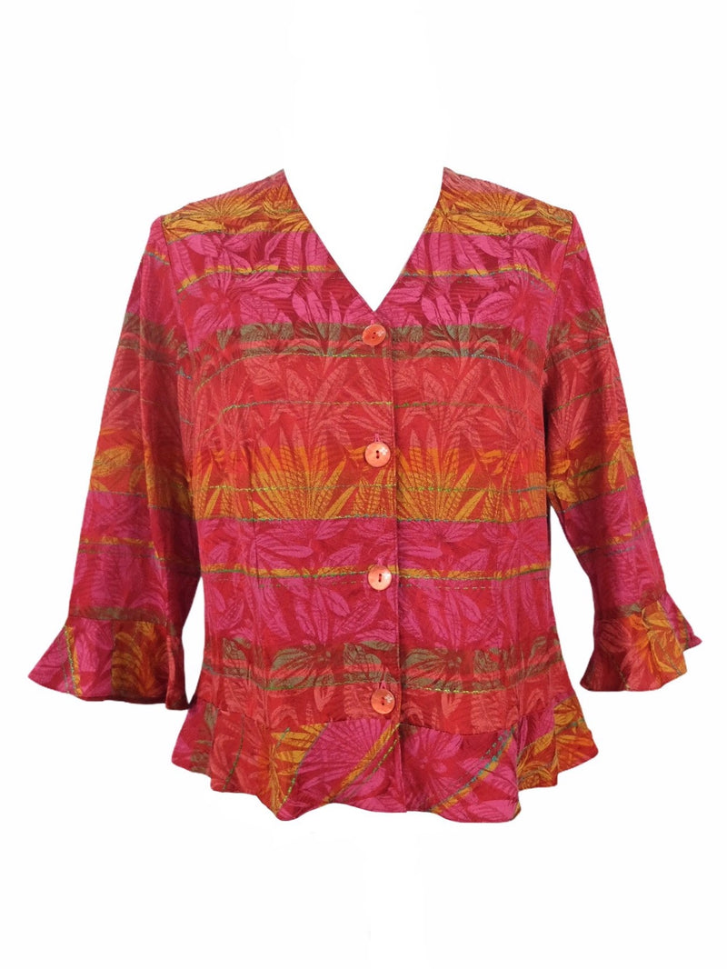 Vintage 80s Bright Pink Bohemian Tropical Abstract Floral Print Ruffled Embroidered 3/4 Sleeve Button Down V-Neck Blouse