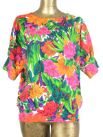80s Bright Floral Scoop Neck Half Sleeve Pullover Shirt with Cinched Waist