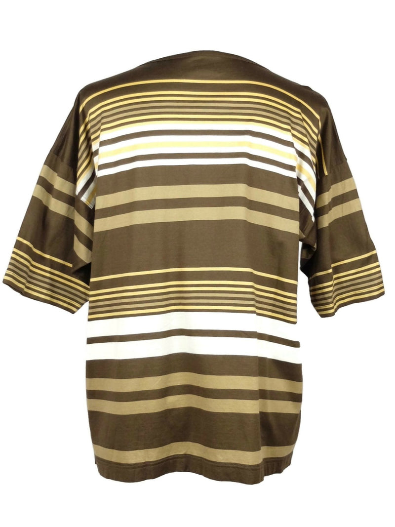 Vintage 80s Retro Brown and Yellow Striped Half Sleeve 1/2 Button Down Cotton T-Shirt