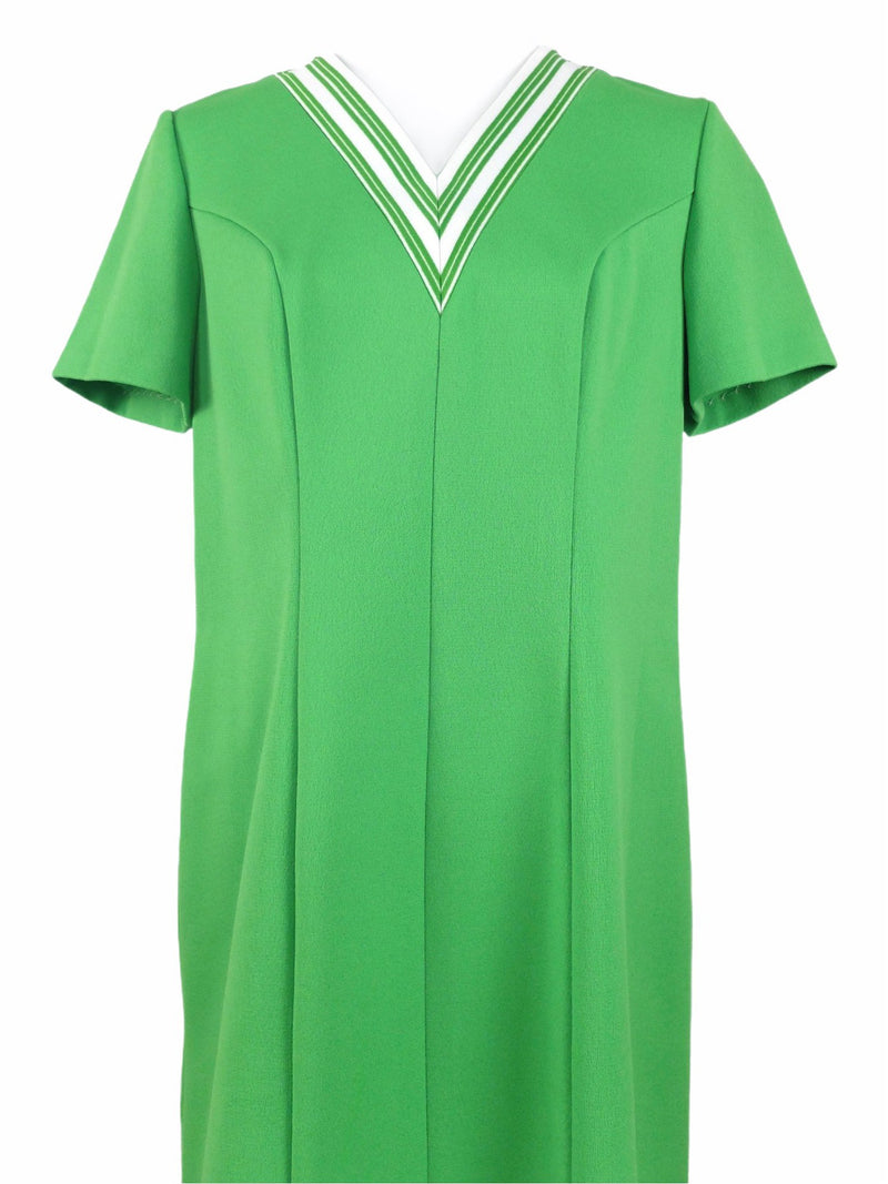 Vintage 60s Mod Gogo Psychedelic Electric Green V-Neck Chevron Short Sleeve Midi Shift Dress | Size Medium