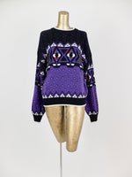 80s Abstract Geometric Pullover Sweater Jumper with Faux Leather Patches