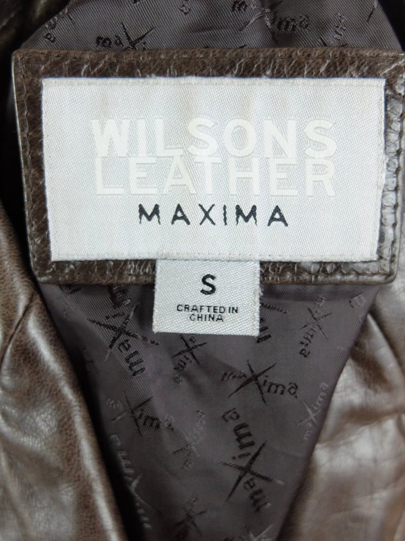 90s Wilsons Dark Brown Collared Button Up Waxed Leather Peacoat Jacket
