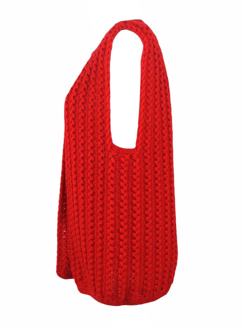 Vintage 60s Mod Grannycore Bright Cherry Red Sleeveless Cable Knit Woven Crocheted Knit Sweater Vest Waistcoat | Size Medium-Large