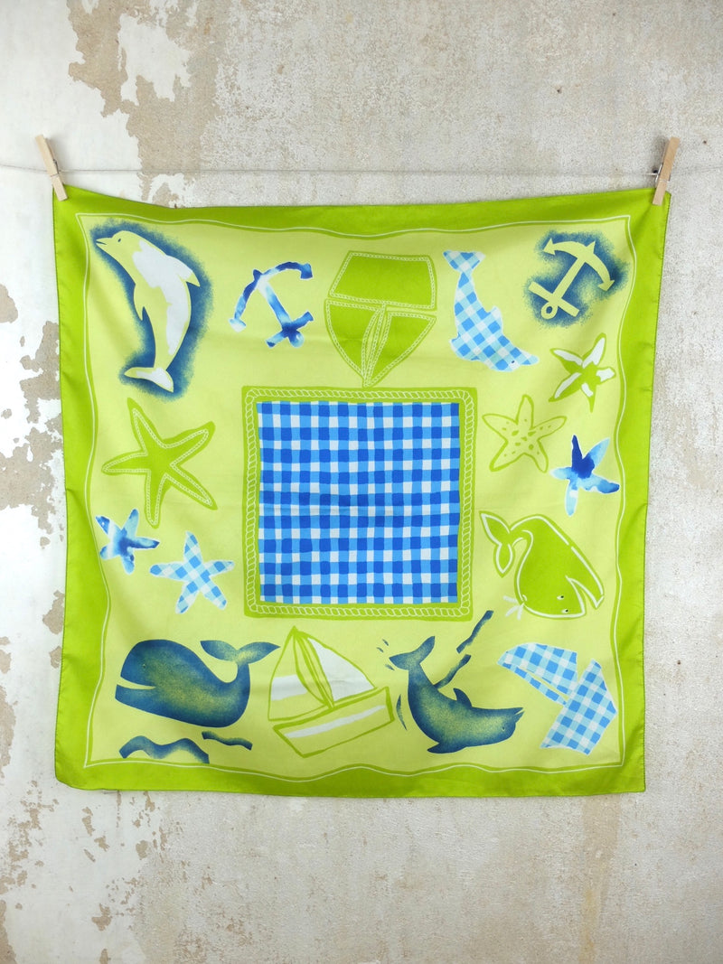 Vintage 80s Bright Green and Blue Nautical Gingham Dolphin Animal Print Square Bandana Neck Tie Scarf