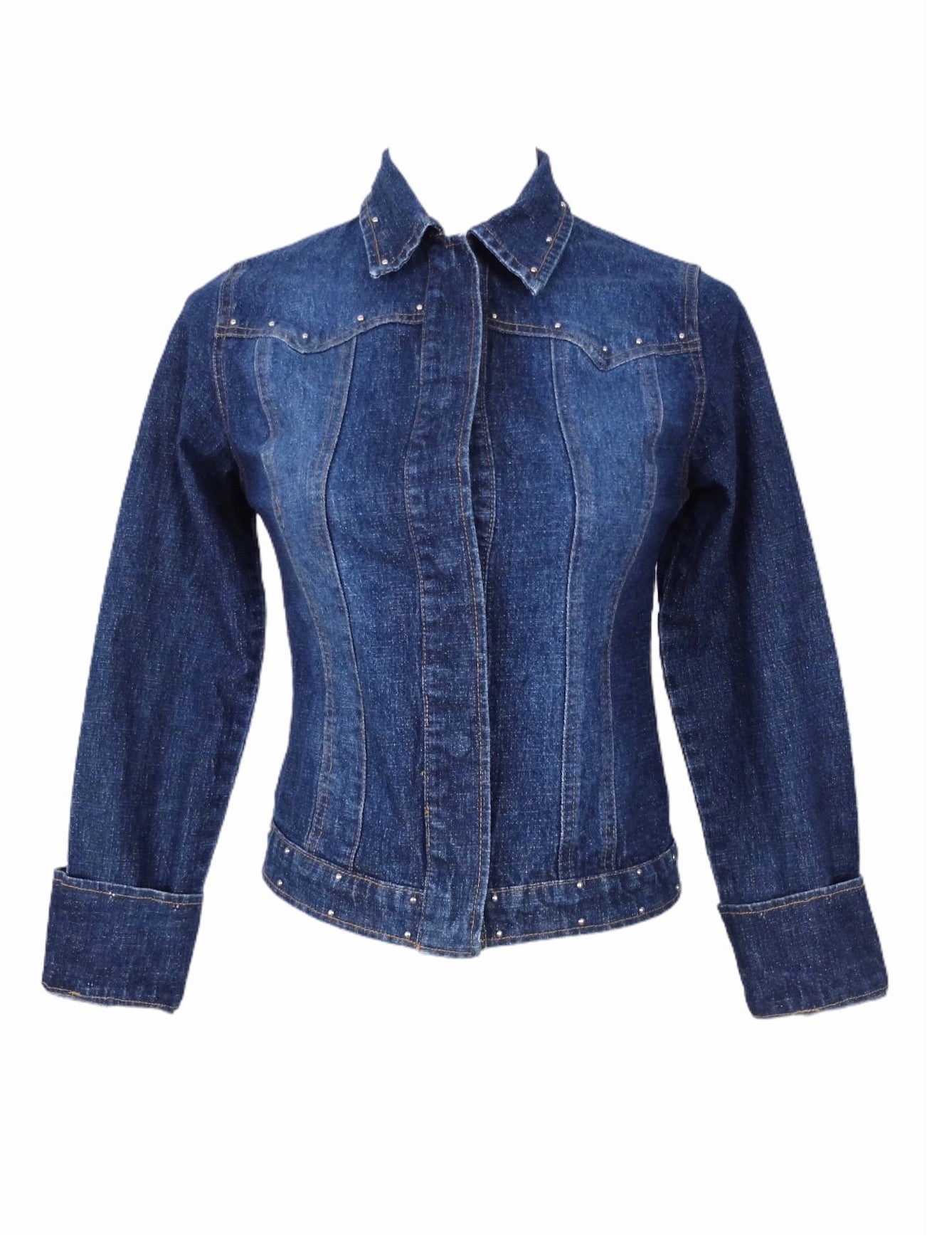 Vintage 00s Y2K Dark Wash Studded Fitted Collared Button Down Denim Jean Jacket | Women’s Size Extra Small