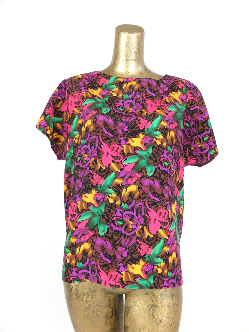 80s Abstract Floral Short Sleeve Scoop Neck Blouse