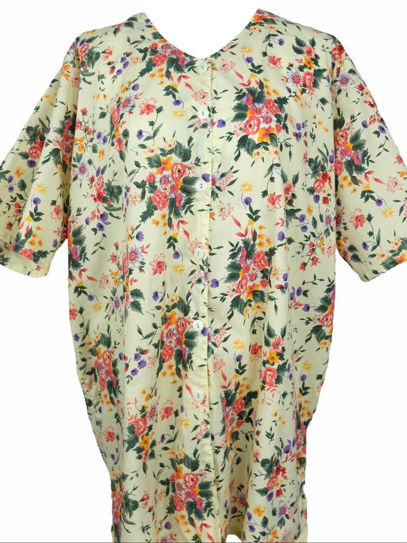 Vintage 80s Floral Pastel Yellow Thin Cotton Blend Half Sleeve Button Down Tunic Shirt