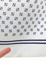 Vintage 70s Mantero Designer Nautical Mod Style White & Navy Blue Abstract Geometric Patterned Silk Large Square Bandana Neck Tie Scarf