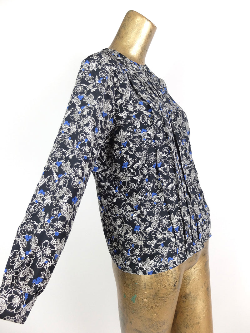 60s Mod Floral Print Front Pleated Long Sleeve Pullover Blouse