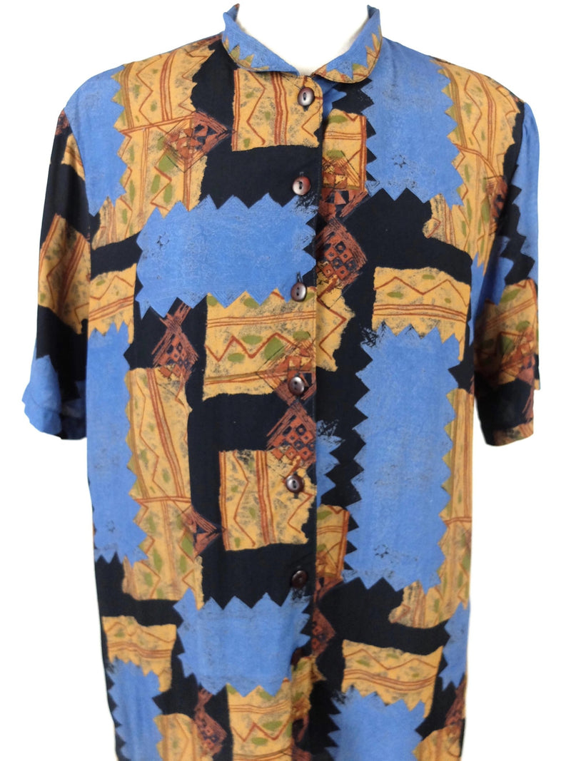 Vintage 70s Bohemian Abstract Geometric Collared Half Sleeve Button Up Shirt