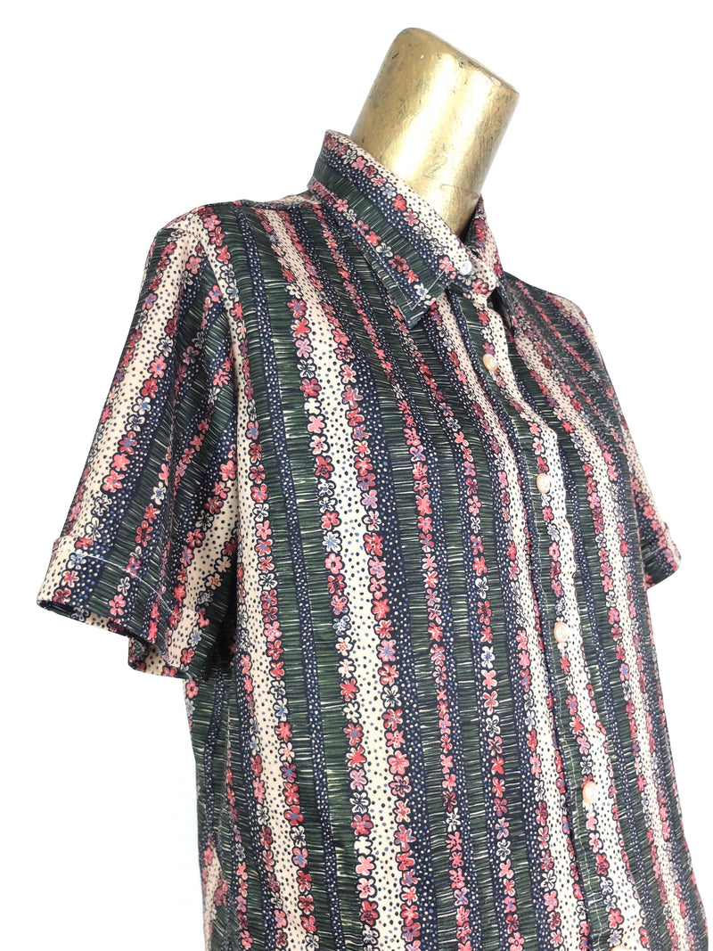 60s Mod Psychedelic Floral Print Short Sleeve Collared Button Up Shirt